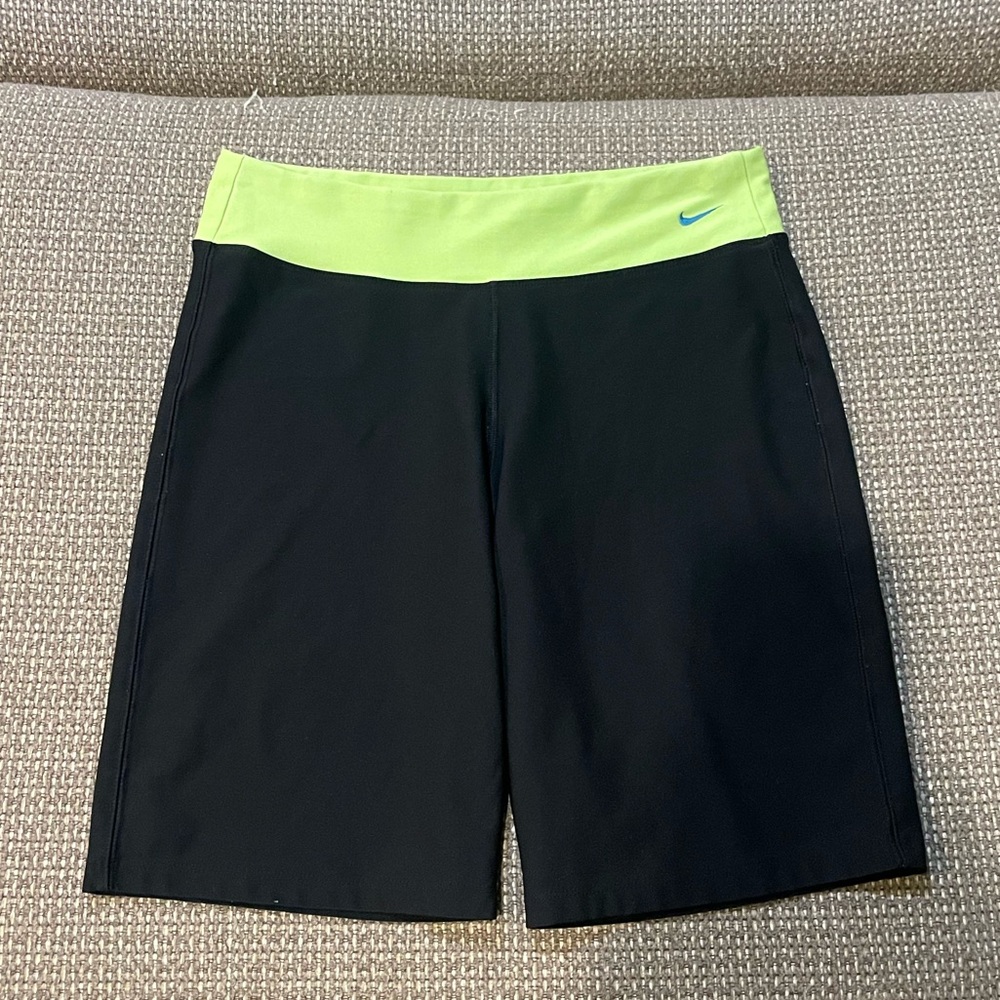 Nike Women's Black Biker Shorts with Neon Yellow Waistband Sz Medium